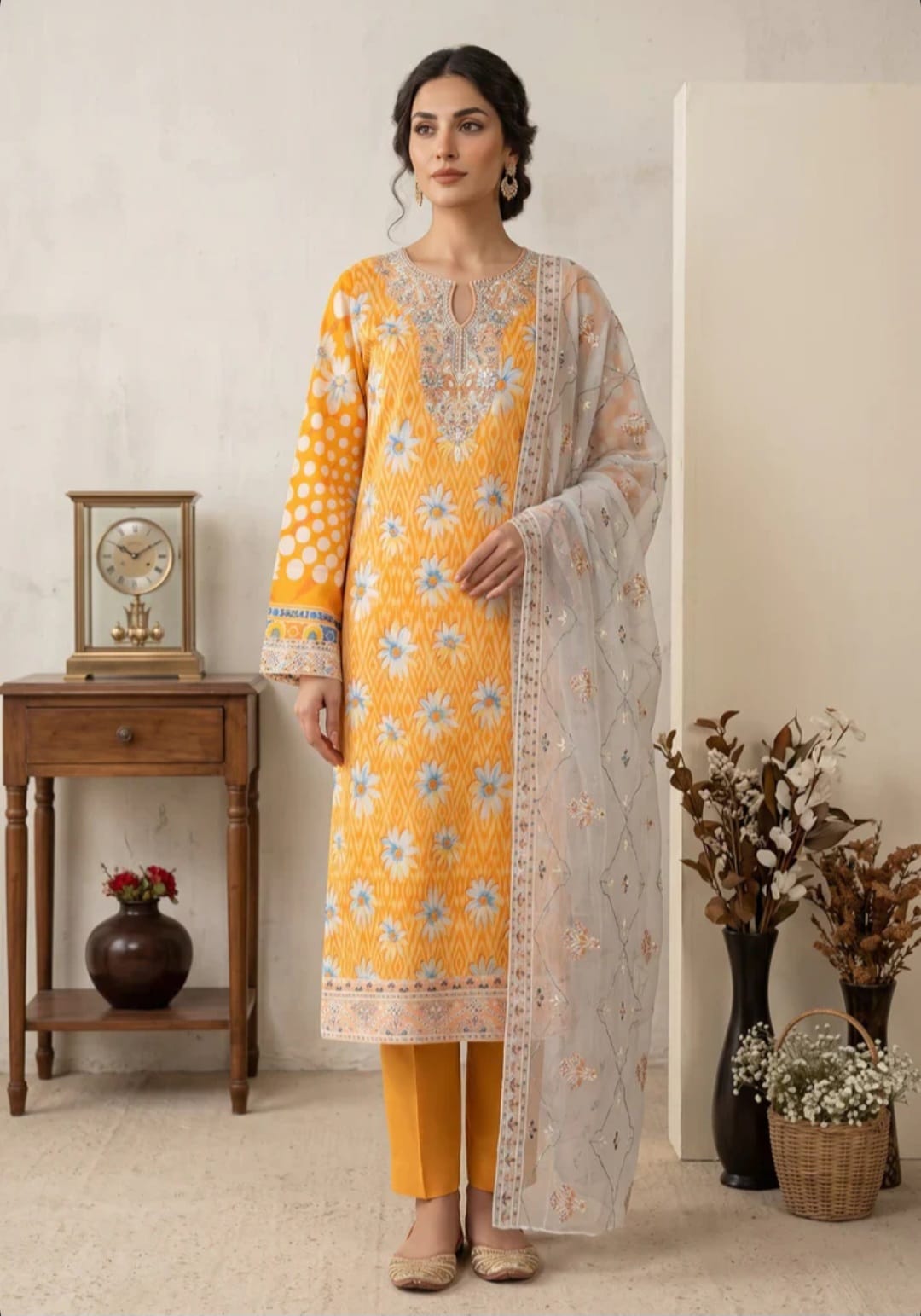 Unstitched embroidered lawn suit fabric
