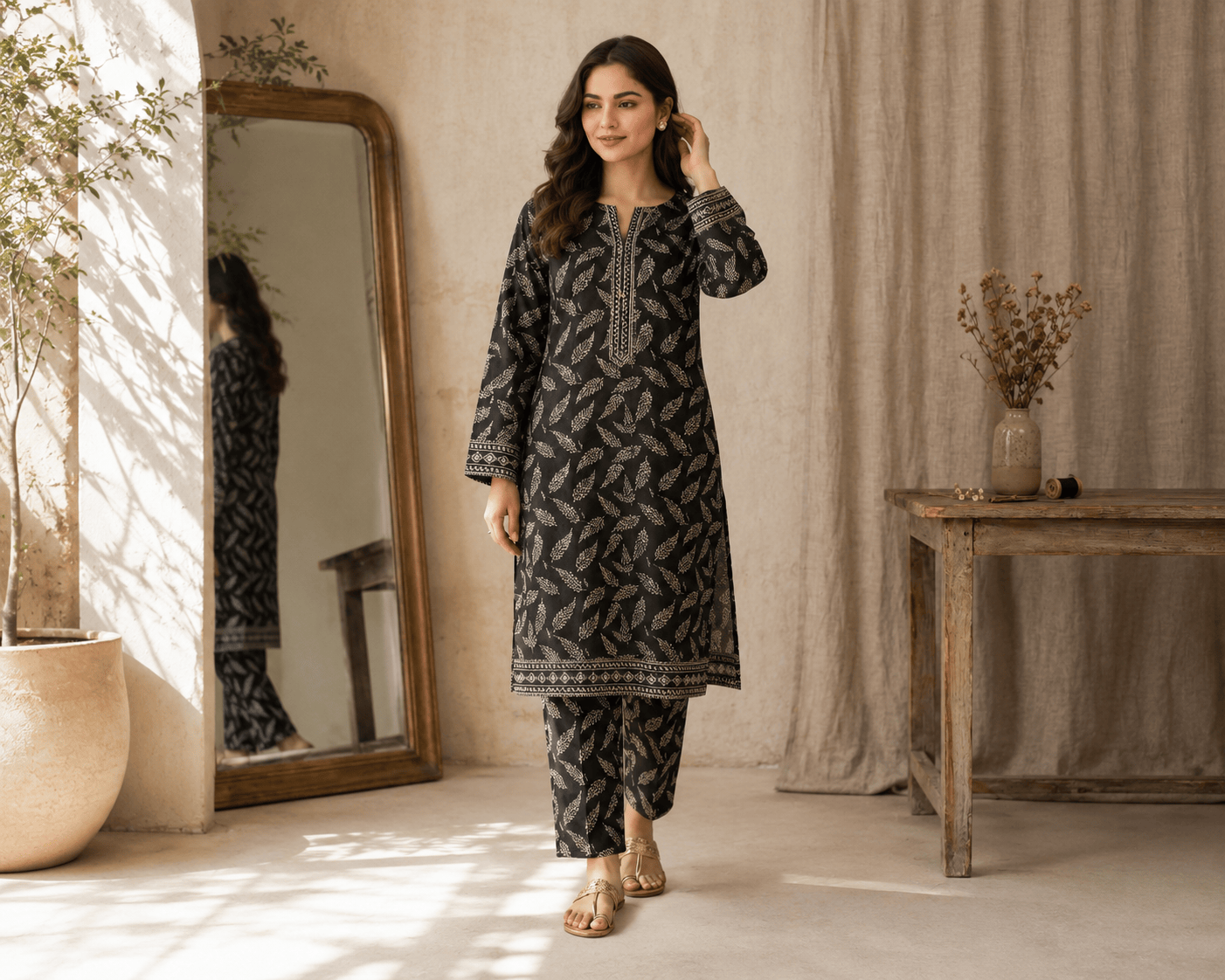 Digital Printed Lawn 2 Piece – Black Leaf Print