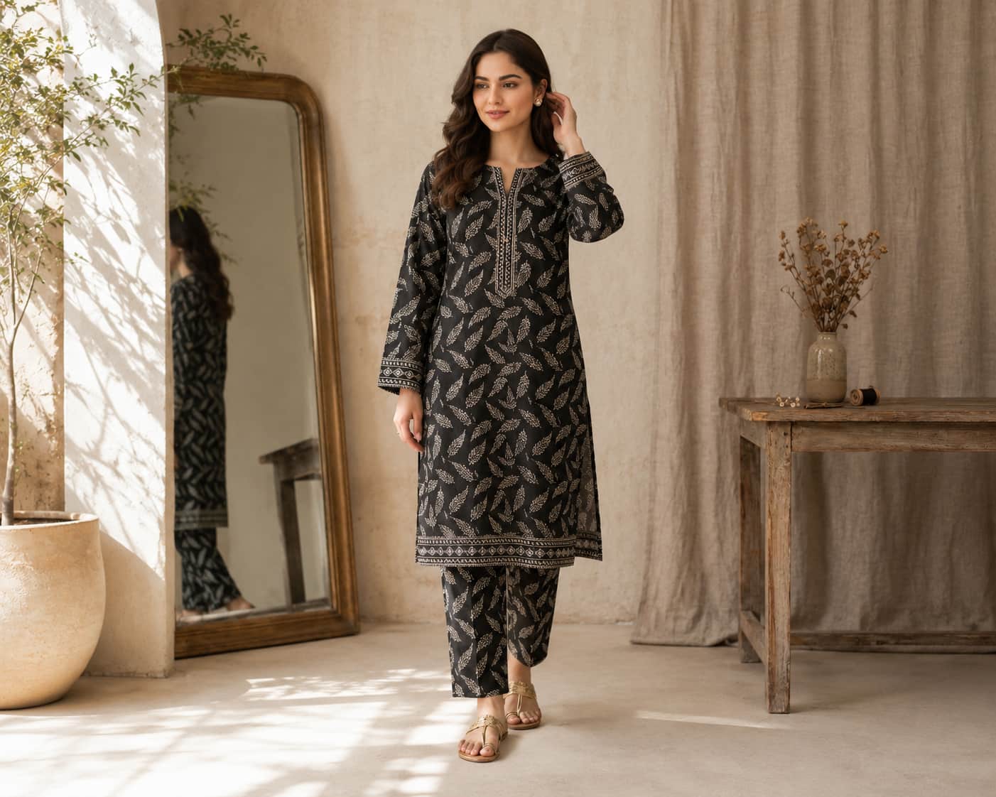Digital Printed Lawn 2 Piece – Black Leaf Print