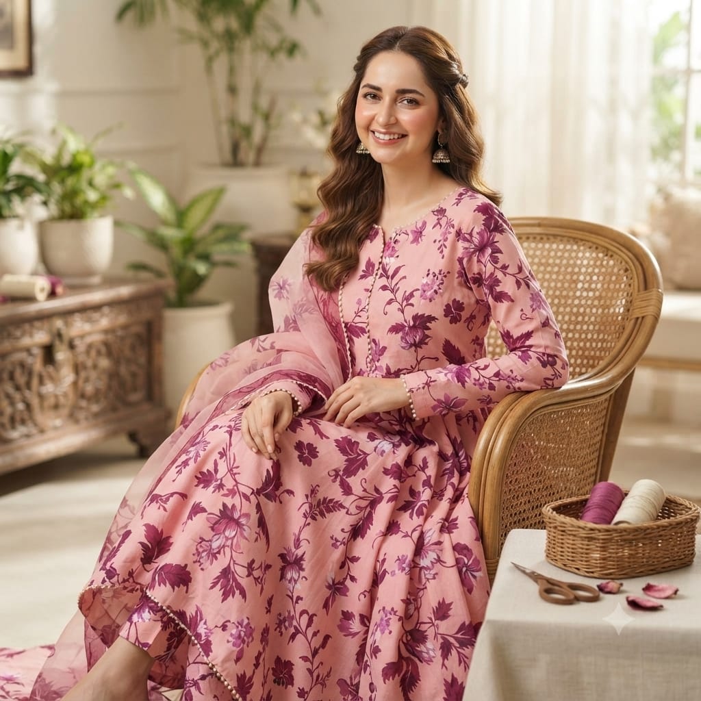 Digital Printed Lawn 2 Piece-Pink Floral