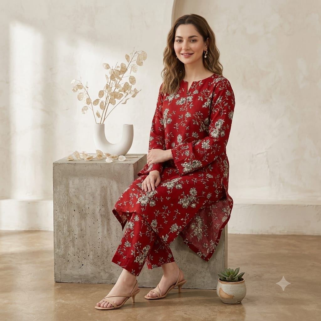 Digital Printed Lawn 2 Piece-Red Floral