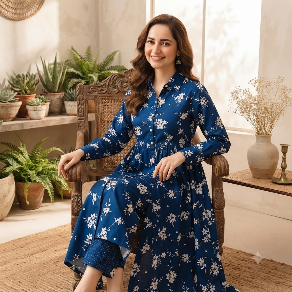 Digital Printed Lawn 2 Piece-Royal Blue floral