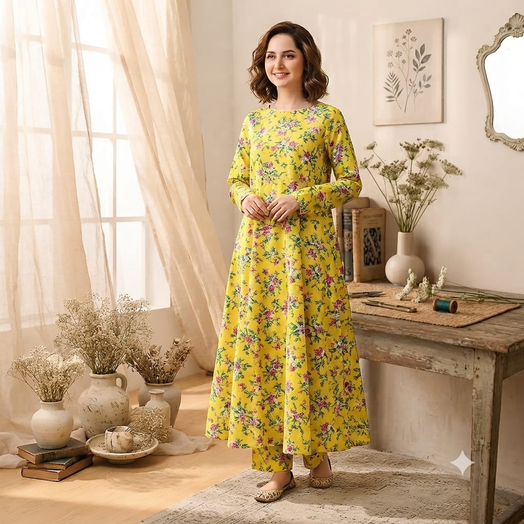 Digital Printed Lawn 2 Piece-Yellow Floral